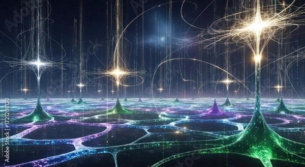 Fototapeta Abstract network concept with glowing lights and interconnected nodes