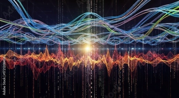 Fototapeta Digital wave forms with numbers cascading down dark background