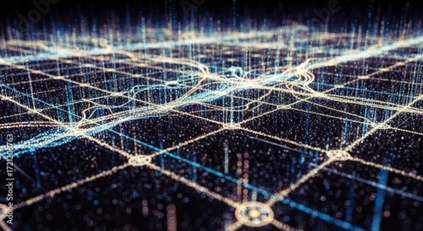 Fototapeta Abstract blue and gold network grid with connecting data points