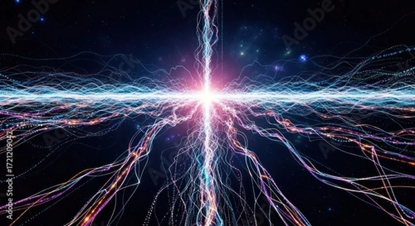 Fototapeta Abstract electric discharge with light trails in dark space concept