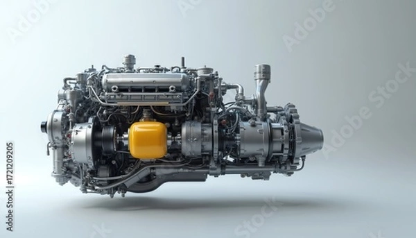 Obraz Complex hybrid car engine with electric motor, transmission, gearbox. Automotive technology featuring intricate machinery, auto parts. Clean energy innovation for environmentally friendly vehicles.