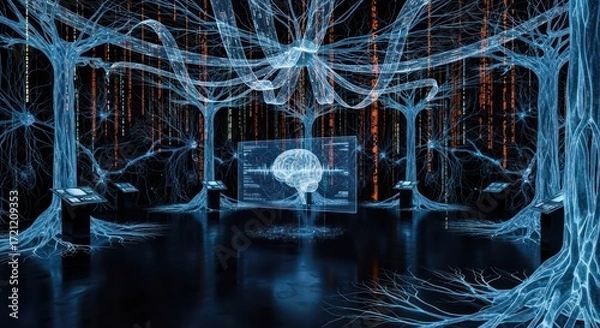 Fototapeta Abstract neuron display with brains neural network illustration