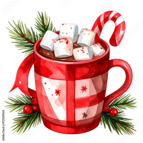 Fototapeta Festive hot chocolate cup with marshmallows, candy cane and pine, a watercolor art