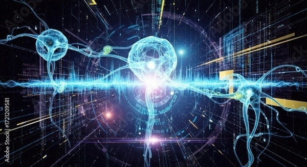 Fototapeta Neural network illustration, digital interface and futuristic science