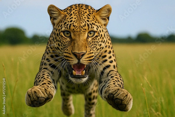 Fototapeta Wild Leopard Leaping Forward Aggressively in African Savanna with Open Mouth and Intense Eyes