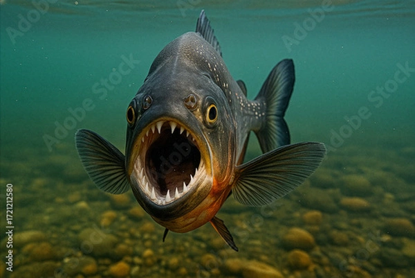 Fototapeta Aggressive Piranha with Sharp Teeth Swimming Underwater in Freshwater River Habitat