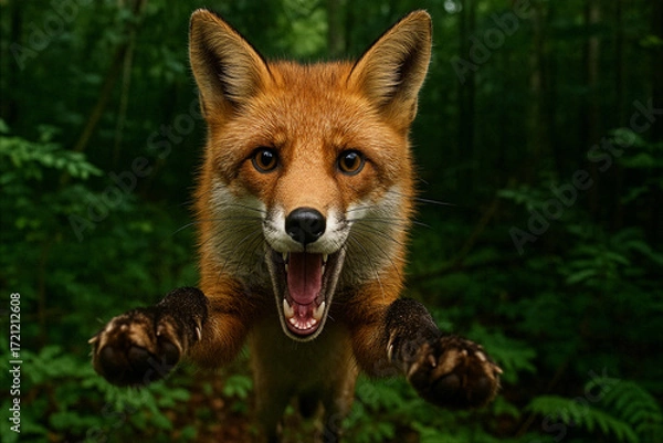 Fototapeta Wild Red Fox Leaping Forward with Open Mouth in Dense Forest Wilderness