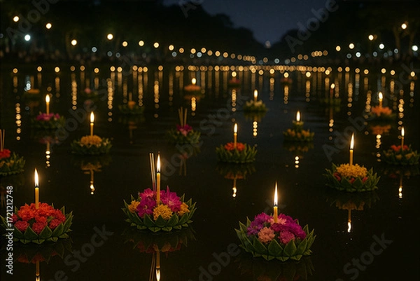Fototapeta Floating Krathongs with Candlelight on the River