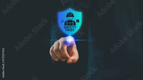 Fototapeta Businessman pointing at a glowing digital shield icon showing “Safety First,” symbolizing workplace safety, cyber protection, risk management and secure technology.