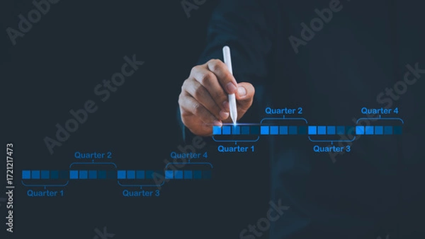 Fototapeta Business hand planning quarterly timeline with digital chart, representing project management, strategy, scheduling, corporate goals, and financial planning for effective business growth.