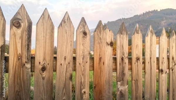 Fototapeta Wooden picket fence with pointed tops in foreground, grassy field and forested hills under partly cloudy sky, warm natural light.