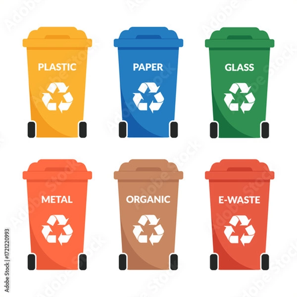 Fototapeta Colorful vector illustration of recycling bins for plastic, paper, glass, metal, organic and e-waste. Waste sorting containers for environmental protection and eco-friendly lifestyle.