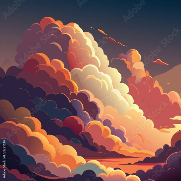 Fototapeta Vibrant sunset over a serene landscape with layered clouds