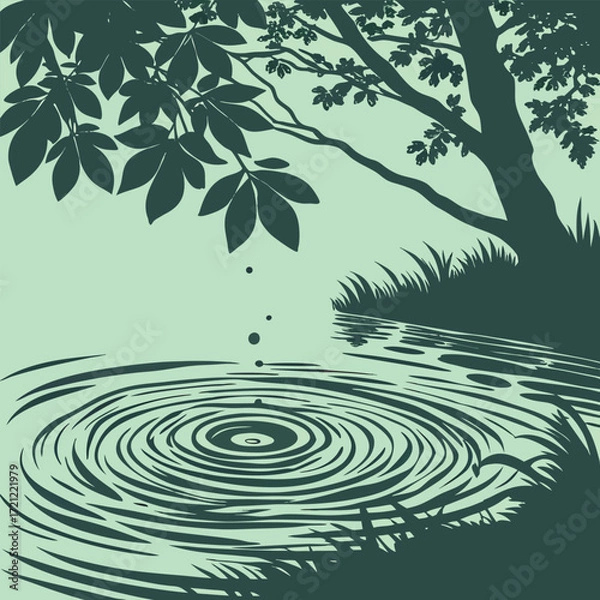 Fototapeta Water Droplets Falling into Rippling Pond Near Tree