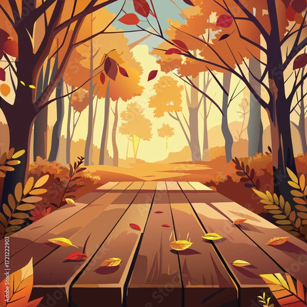 Fototapeta Wooden walkway through an autumn forest with falling leaves