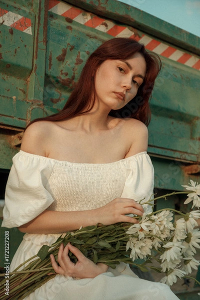 Fototapeta Thoughtful young woman with daisies sitting by farm trailer.Retro grain effect