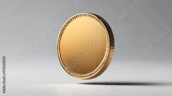 Fototapeta Shiny gold coin standing on edge on neutral surface, bullion detail. AI generated