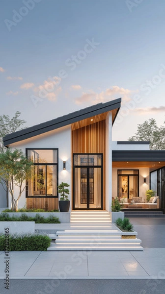 Fototapeta Modern house exterior with large windows and clean architectural lines. AI generated