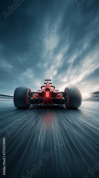 Fototapeta Formula one racing car speeding on asphalt road with dramatic cloudy sky. AI generated