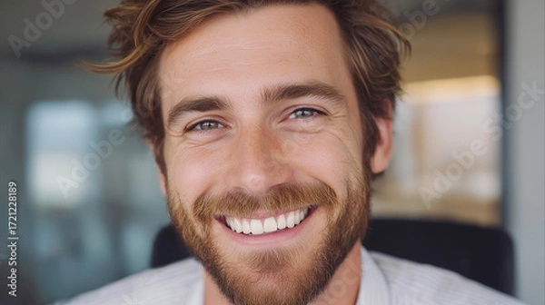 Fototapeta Handsome man smiling with beard portrait on blurred background. AI generated
