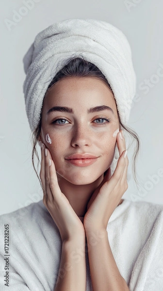 Fototapeta Woman with towel on head applying skincare cream smiling confidently. AI generated