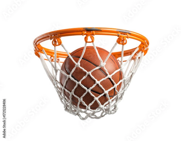 Fototapeta Basketball ball falling into hoop net isolated on white background. AI generated