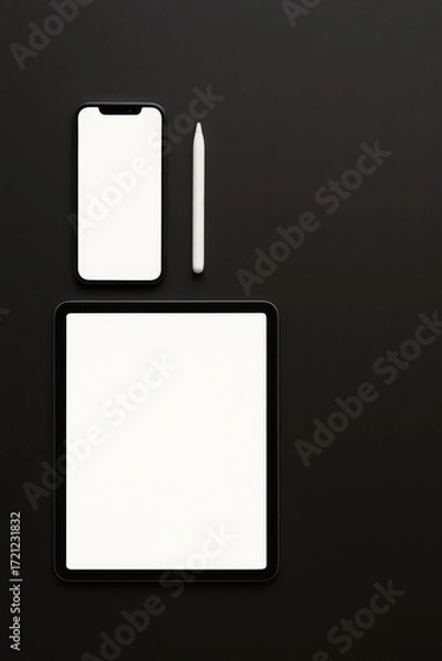 Fototapeta Blank screens on smartphone, tablet and stylus on black background for mockup, design or digital content creation, copy space.