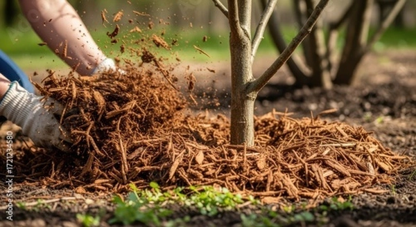 Fototapeta Closeup medium shot of natural mulch being spread around the base of trees to suppress weed growth without chemicals.