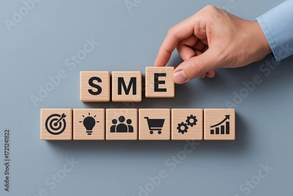 Fototapeta Business professional hand completes SME acronym using wooden blocks, representing crucial strategic elements for small and medium enterprise development on a minimalist blue backdrop