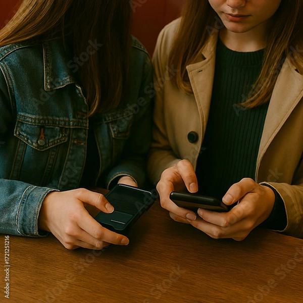 Fototapeta teeneagers at the cafe, each with their own smartphone AI generated
