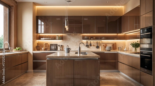 Fototapeta minimalist modern kitchen with marble floor stylish design hidden lighting elements and clean contemporary architecture interior design wallpaper background