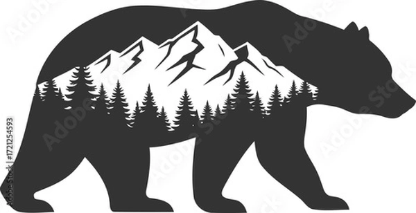 Obraz Bear silhouette with mountain landscape vector logo