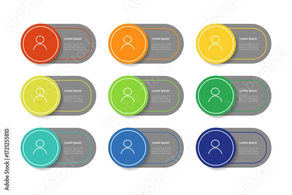 Fototapeta For business concept with 9 steps infographics, grey rectangle shape with multicolor label, design for workflow layout, diagram, annual report, web design. vector illustration