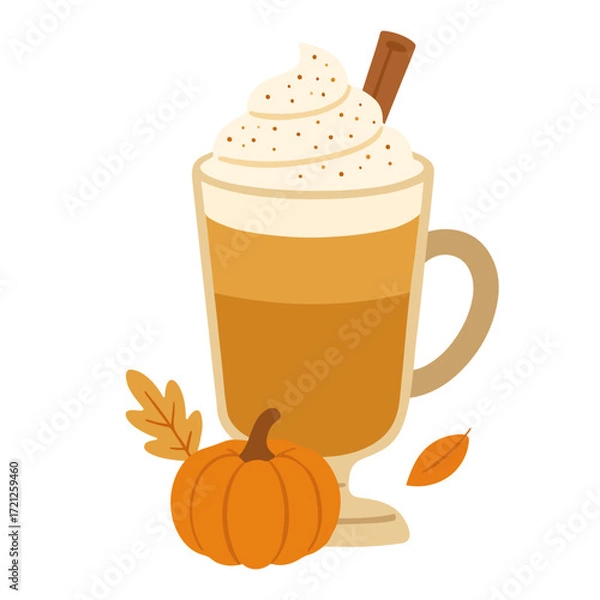 Fototapeta Autumn pumpkin spice latte with whipped cream and cinnamon stick