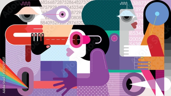 Fototapeta Social Media And Communication Apps.
People interact in digital spaces, on social media and messaging apps. Flat vector illustration of contemporary art.