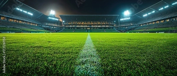 Fototapeta Empty Rugby Field with Lush Green Grass and Stands at Night