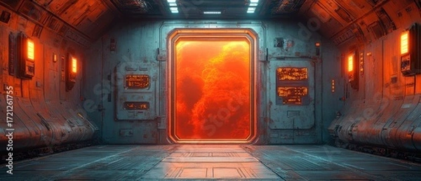 Fototapeta Futuristic Metal Corridor with Neon Lighting in a Spaceship