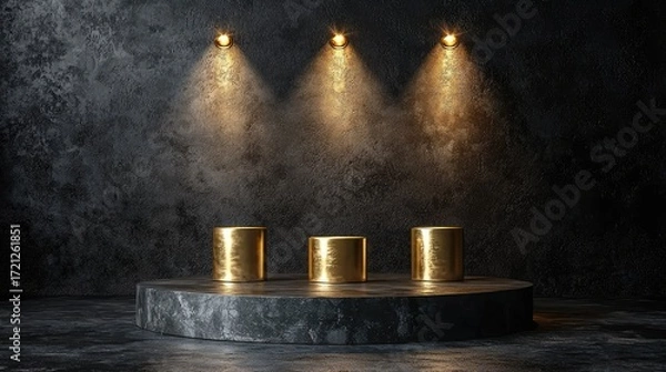 Fototapeta Dark and Moody Podium Mockup with Metallic Gold Cylinders