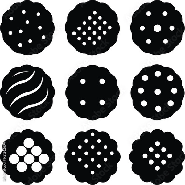 Fototapeta Black and White Cookie Vector Illustration: Assorted Round Biscuit Design Set