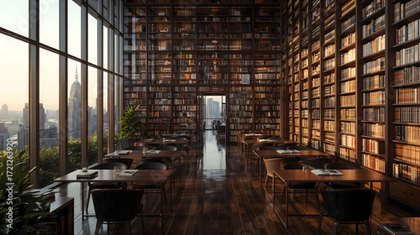 Fototapeta Refined classic library design upper story wood bookshelf soft light glass windows with outside urban cityscape architectural style interior design wallpaper background
