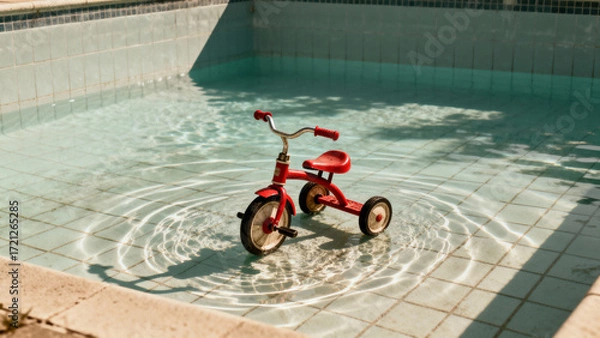 Fototapeta A child's red tricycle is left abandoned in the shallow, murky water of a forgotten swimming pool, creating ripples under the bright sun. A nostalgic concept.