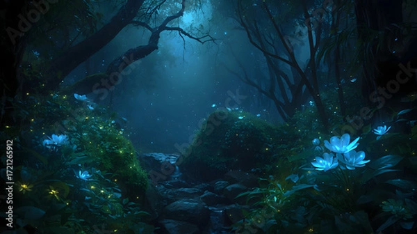 Fototapeta A Mystical Night Forest with Glowing Blue Flowers and Fireflies