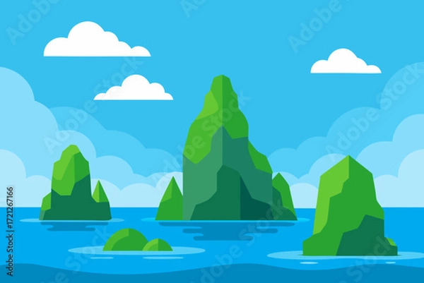 Fototapeta Flat design illustration of lush green islands rising from the blue ocean under a cloudy sky