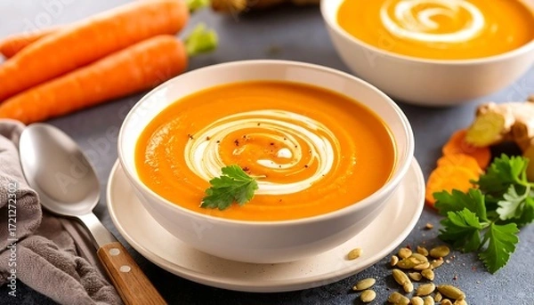 Fototapeta Creamy carrot soup in bowls, garnished with cream and herbs