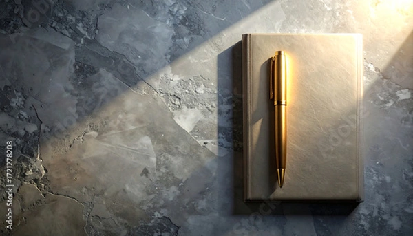 Fototapeta A golden pen rests on a closed book, bathed in warm sunlight casting dramatic shadows on a textured surface, evoking a sense of literary creation or personal reflection