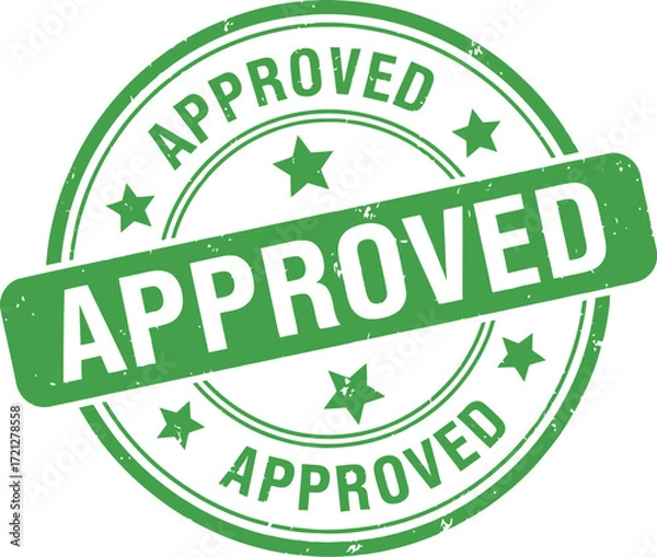 Fototapeta Green approved stamp, signifying confirmation and acceptance with stars and clear text