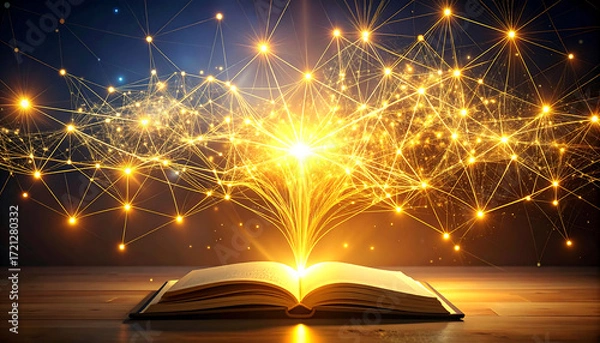 Fototapeta An illuminated open book serves as the source of a radiant golden network, symbolizing the profound expansion of knowledge, data, and innovative ideas across a digital universe