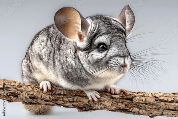 Fototapeta A chinchilla’s soft fur and curious eyes evoke gentle wonder on a wooden branch.