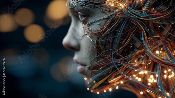 Fototapeta A detailed bust of a human figure crafted from a complex network of multi-colored electrical wires and cables. The wires are a mix of frayed and neatly bundled strands, with some sparks subtly visible