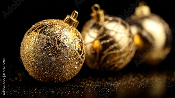 Fototapeta Against a black backdrop, three spherical decorations are arranged in a row